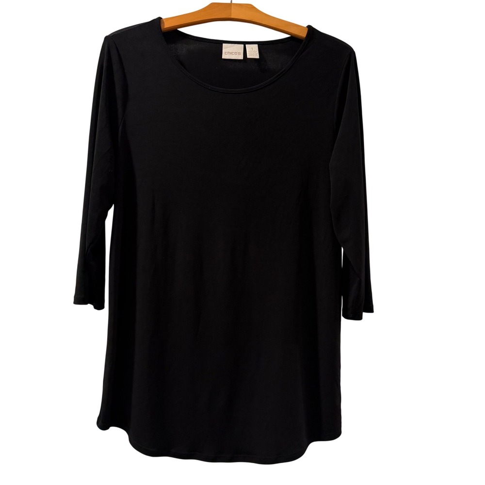 Chico's Black Scoop Neck Top 3/4 Sleeve Stretch Basic Shirt Women Size 1 M